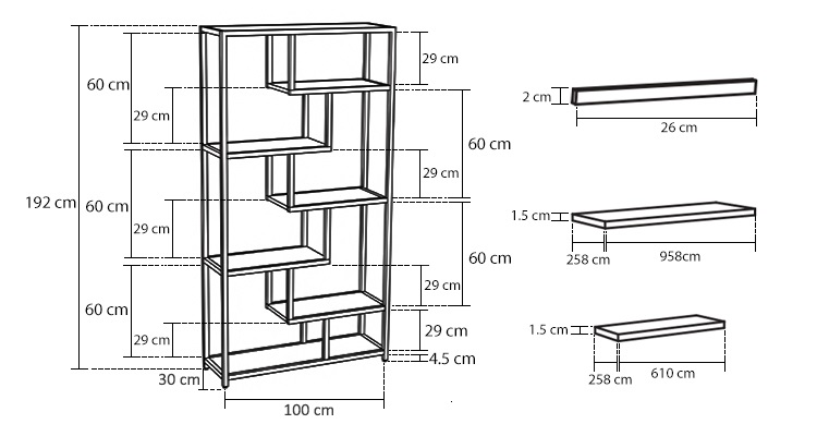 Biblioteca cu 6 polite dimensiuni detalii