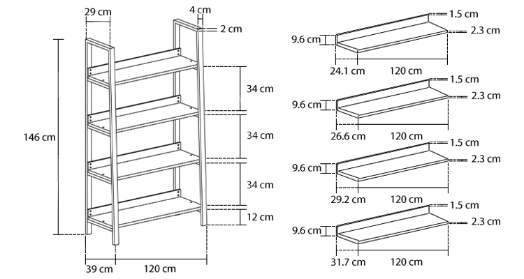 Biblioteca cu 4 polite, dimensiuni