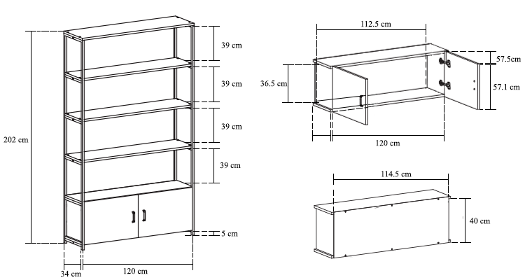 Biblioteca cu 4 polite, un compartiment, dimensiuni